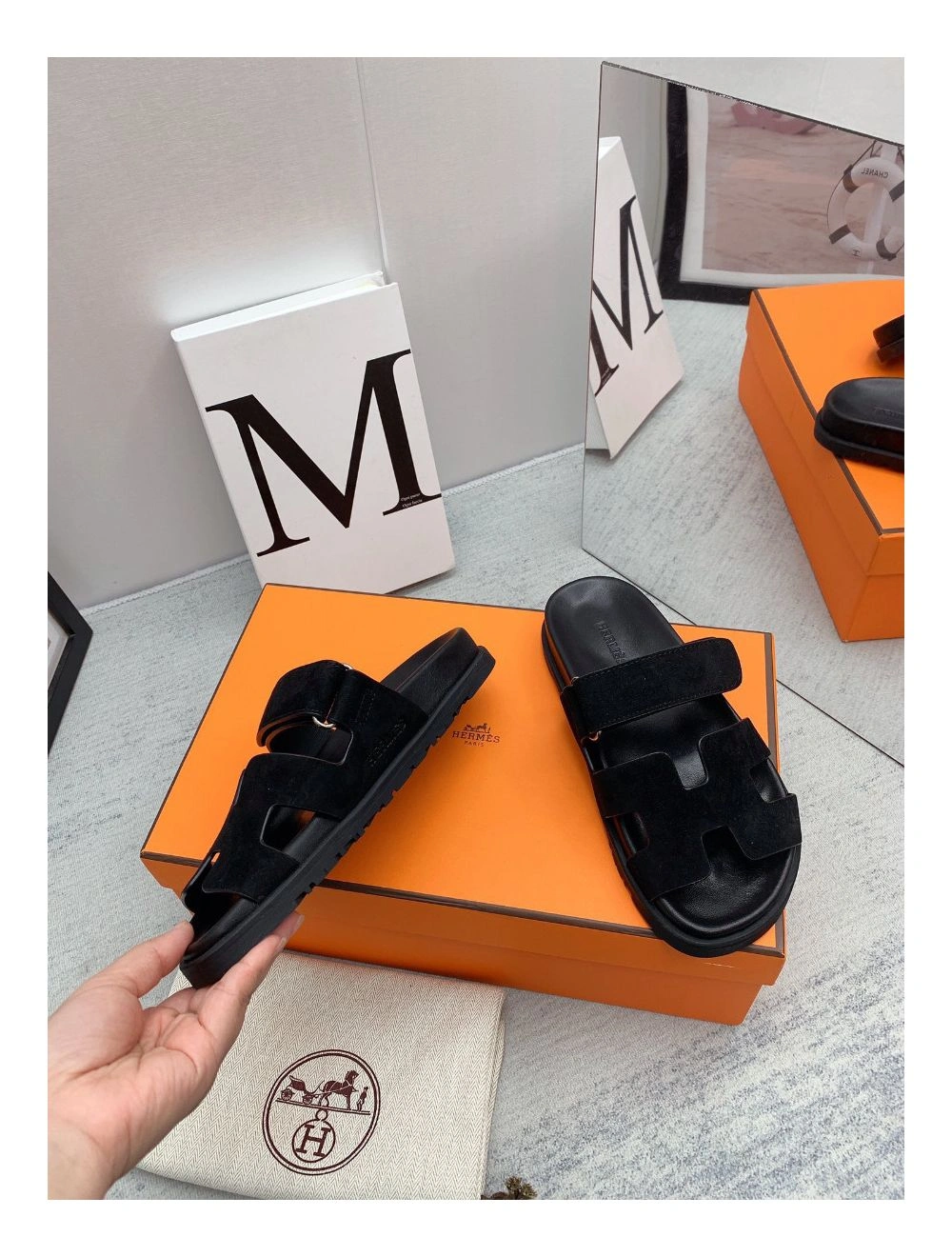 Hermes Men’s Chypre Sandals in Black Suede Calfskin