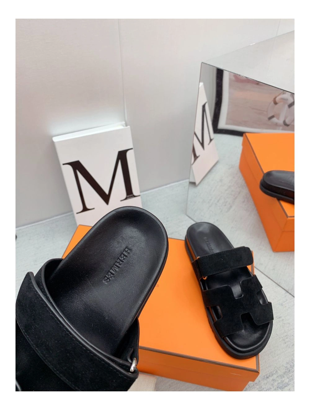 Hermes Men’s Chypre Sandals in Black Suede Calfskin