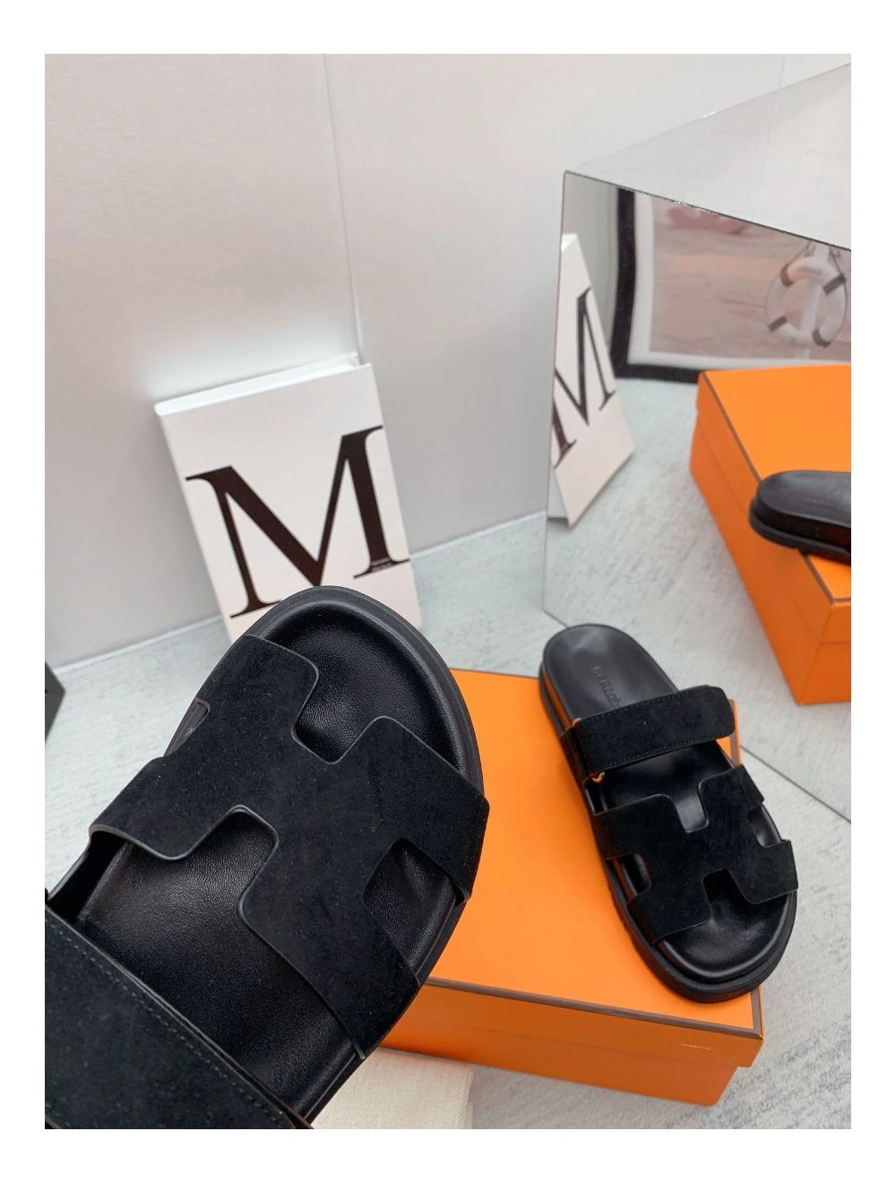 Hermes Men’s Chypre Sandals in Black Suede Calfskin