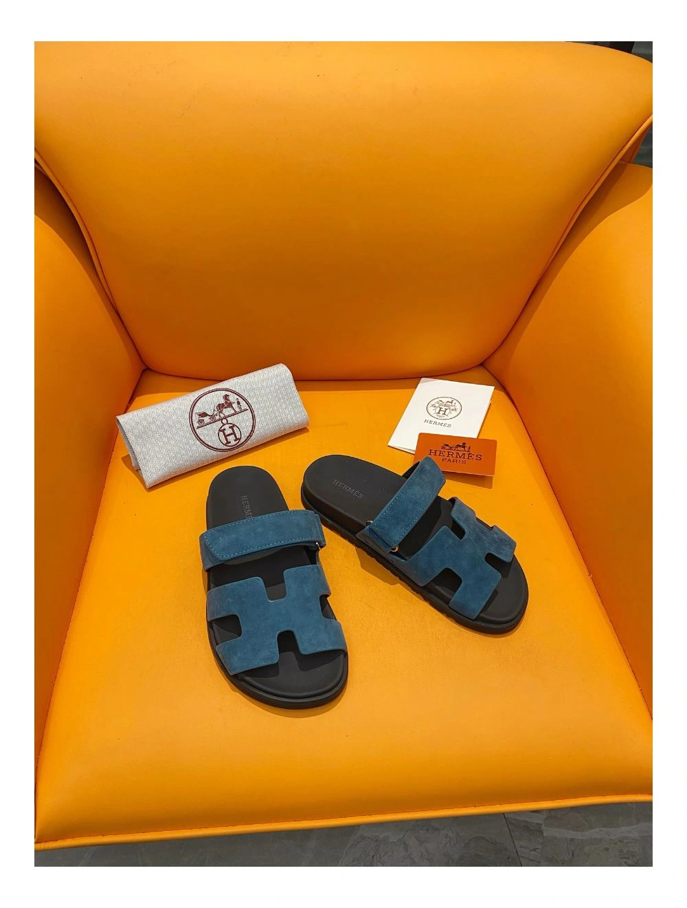 Hermes Men’s Chypre Sandals in Blue Suede Calfskin