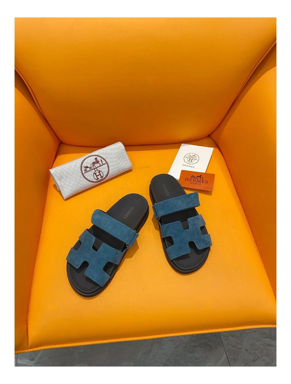 Hermes Men’s Chypre Sandals in Blue Suede Calfskin