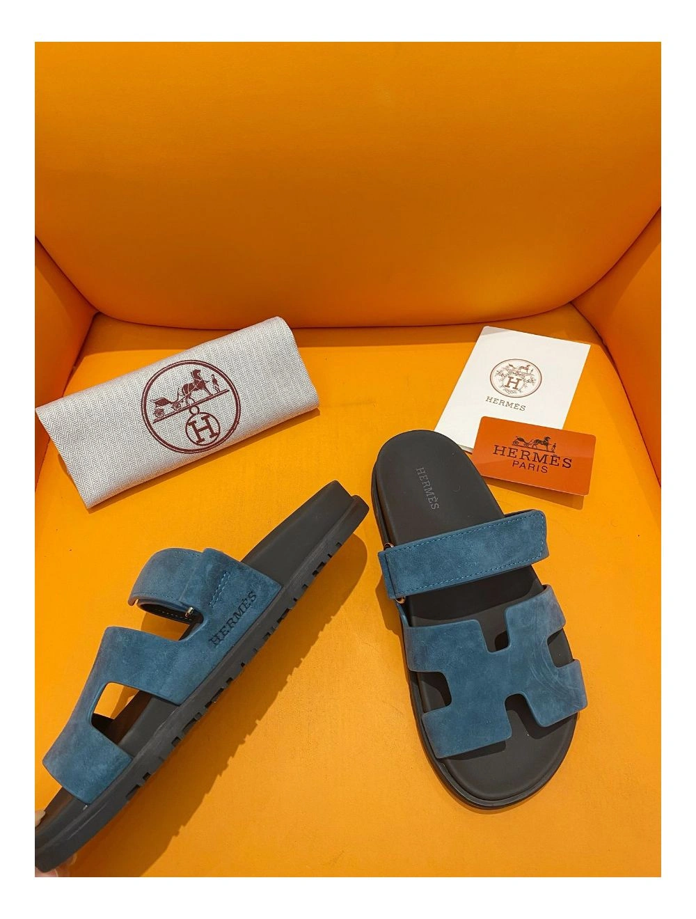 Hermes Men’s Chypre Sandals in Blue Suede Calfskin