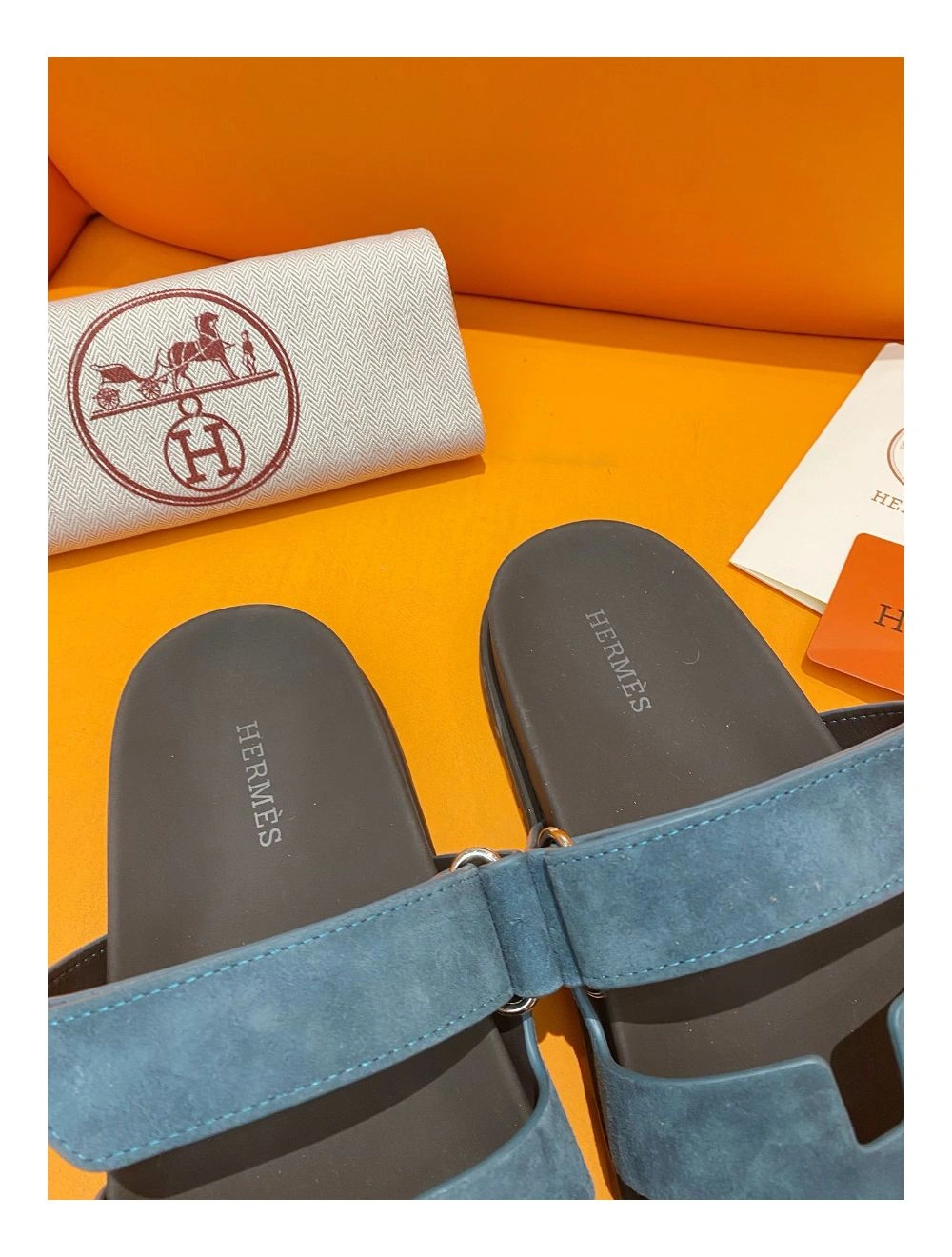 Hermes Men’s Chypre Sandals in Blue Suede Calfskin