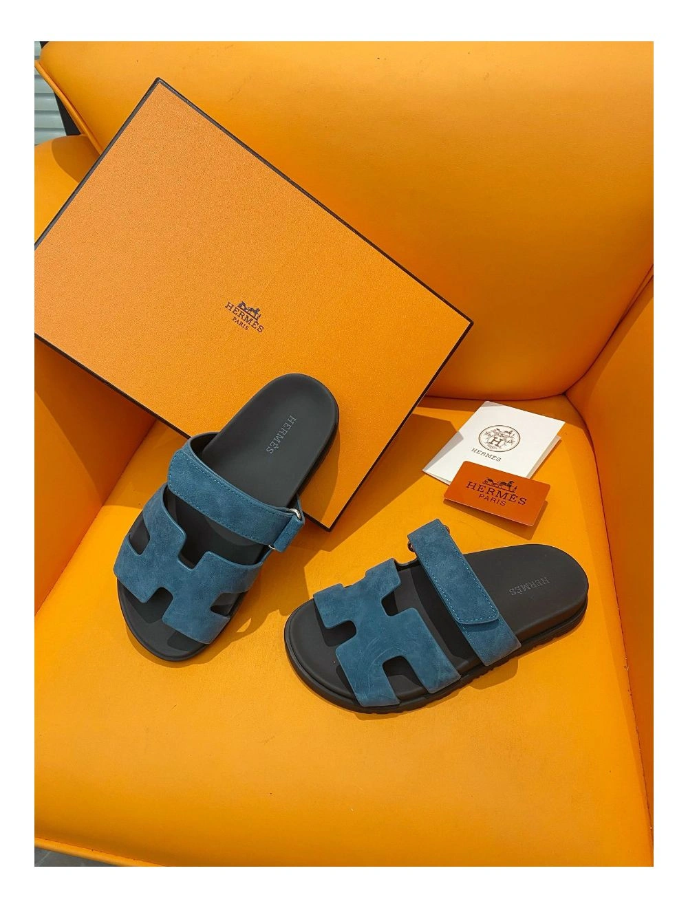 Hermes Men’s Chypre Sandals in Blue Suede Calfskin