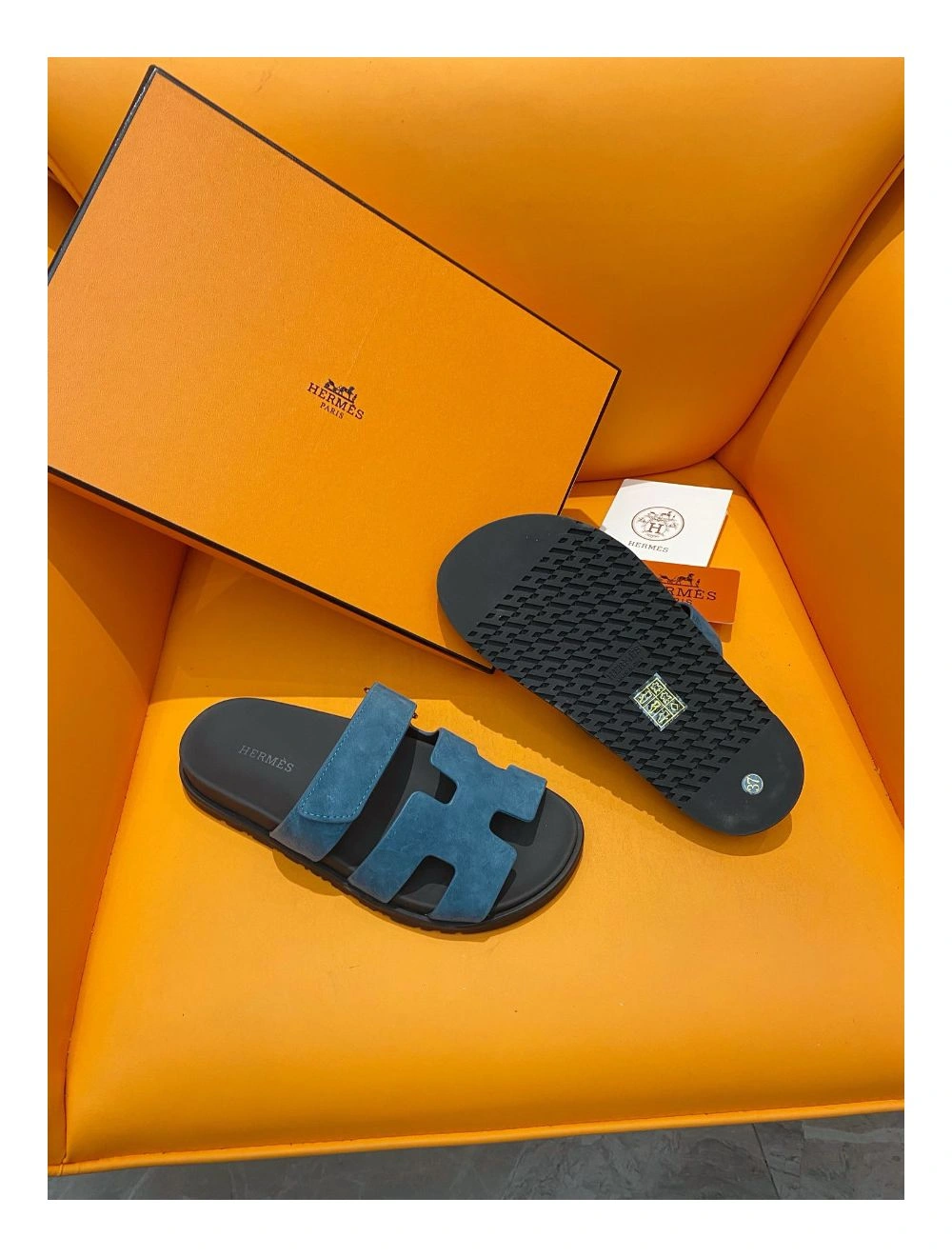 Hermes Men’s Chypre Sandals in Blue Suede Calfskin