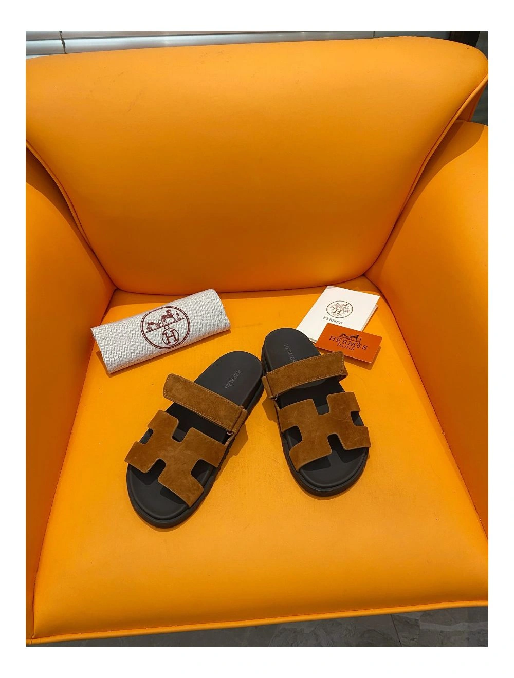 Hermes Men’s Chypre Sandals in Brown Suede Calfskin