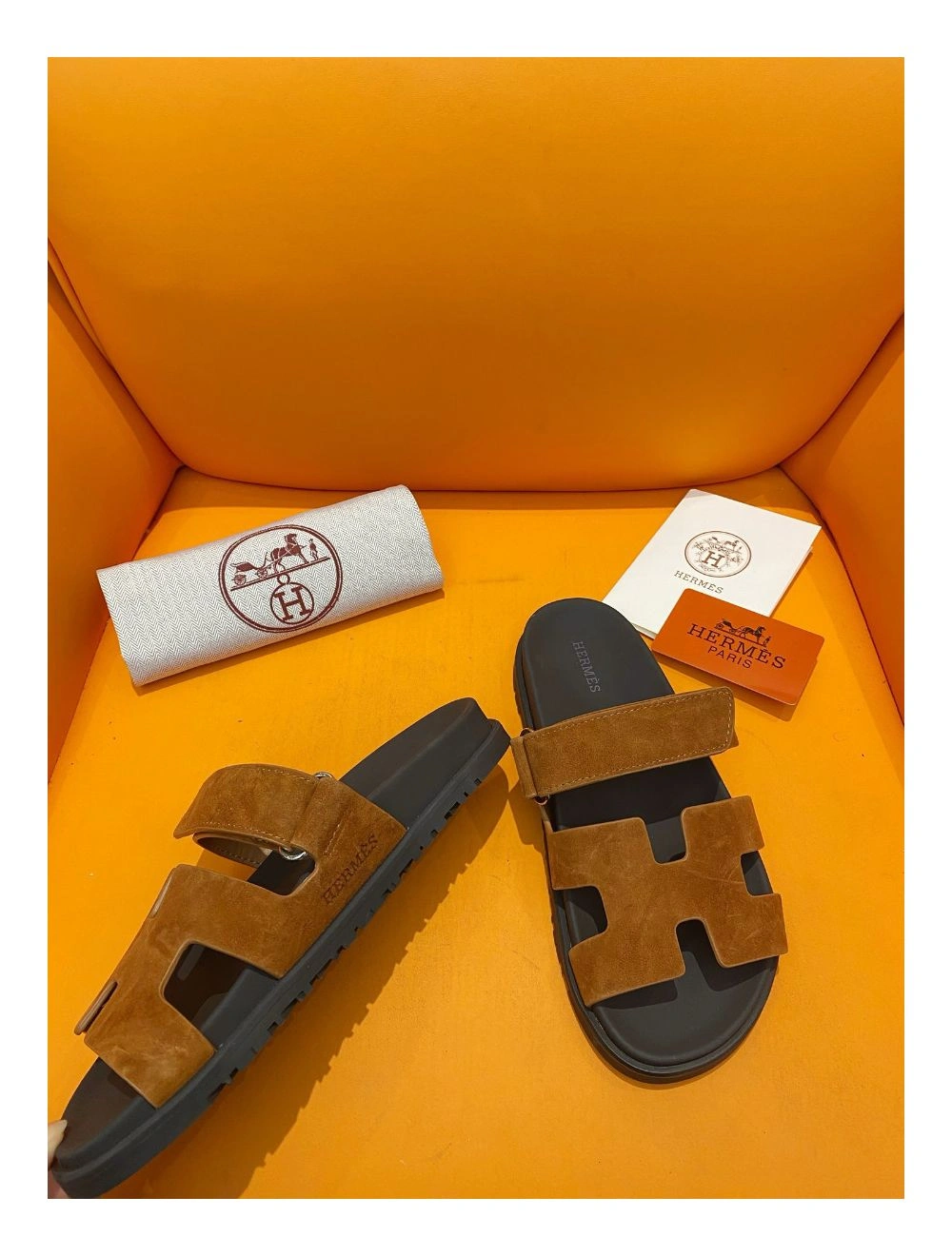 Hermes Men’s Chypre Sandals in Brown Suede Calfskin