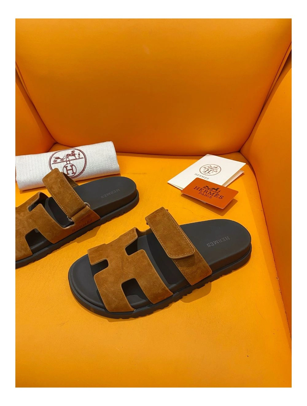 Hermes Men’s Chypre Sandals in Brown Suede Calfskin