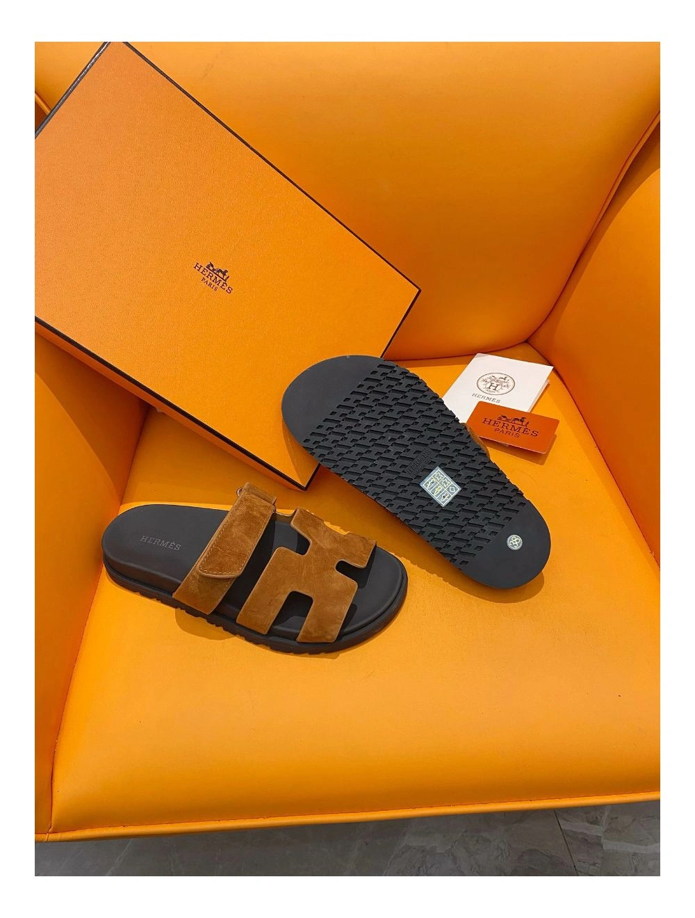Hermes Men’s Chypre Sandals in Brown Suede Calfskin