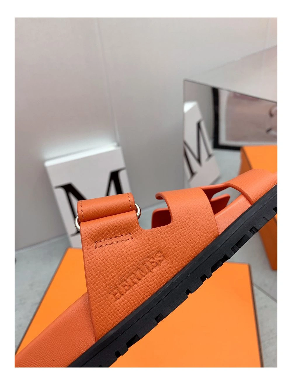 Hermes Men’s Chypre Sandals in Orange Epsom Calfskin