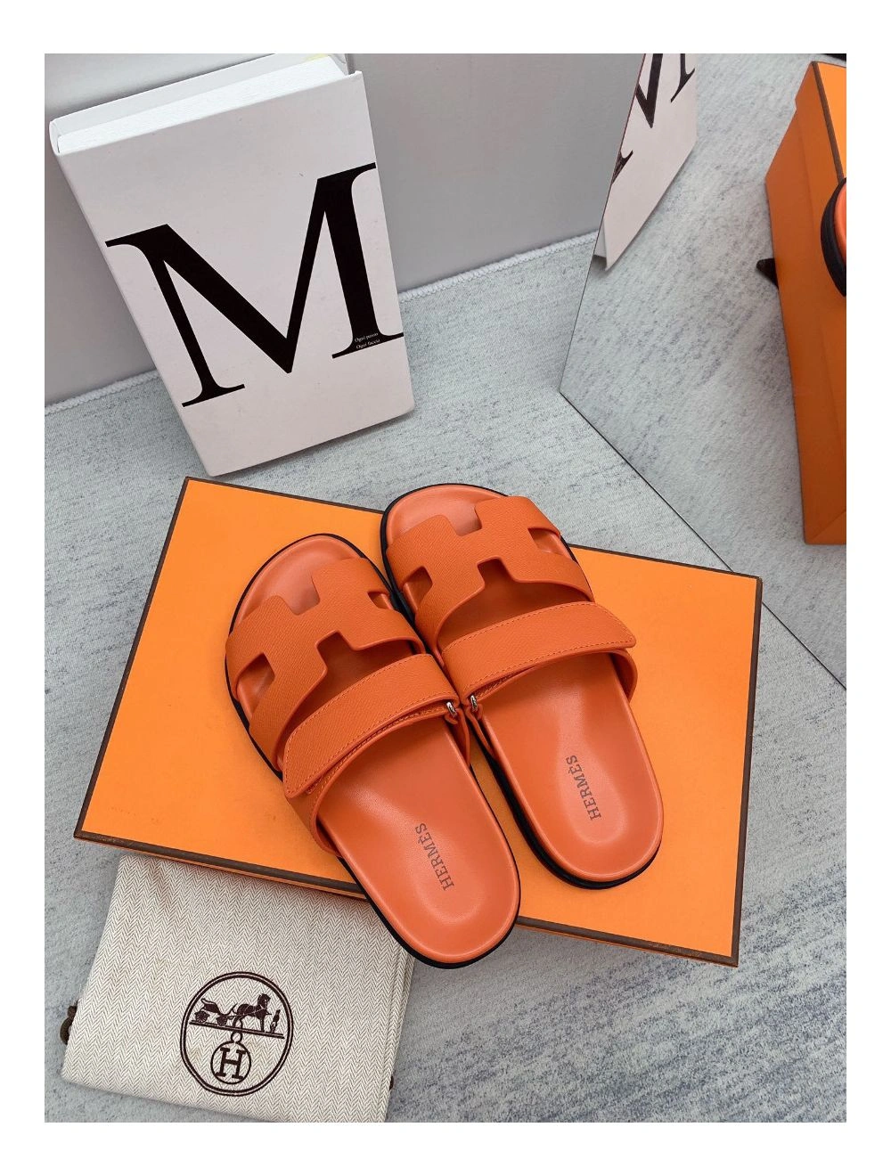 Hermes Men’s Chypre Sandals in Orange Epsom Calfskin