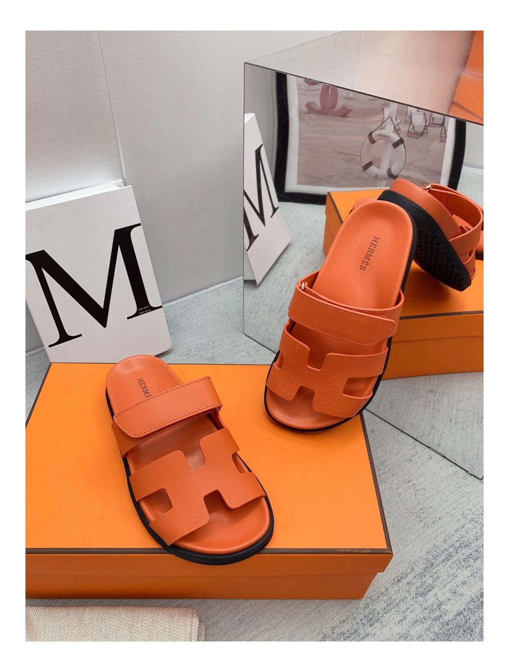 Hermes Men’s Chypre Sandals in Orange Epsom Calfskin