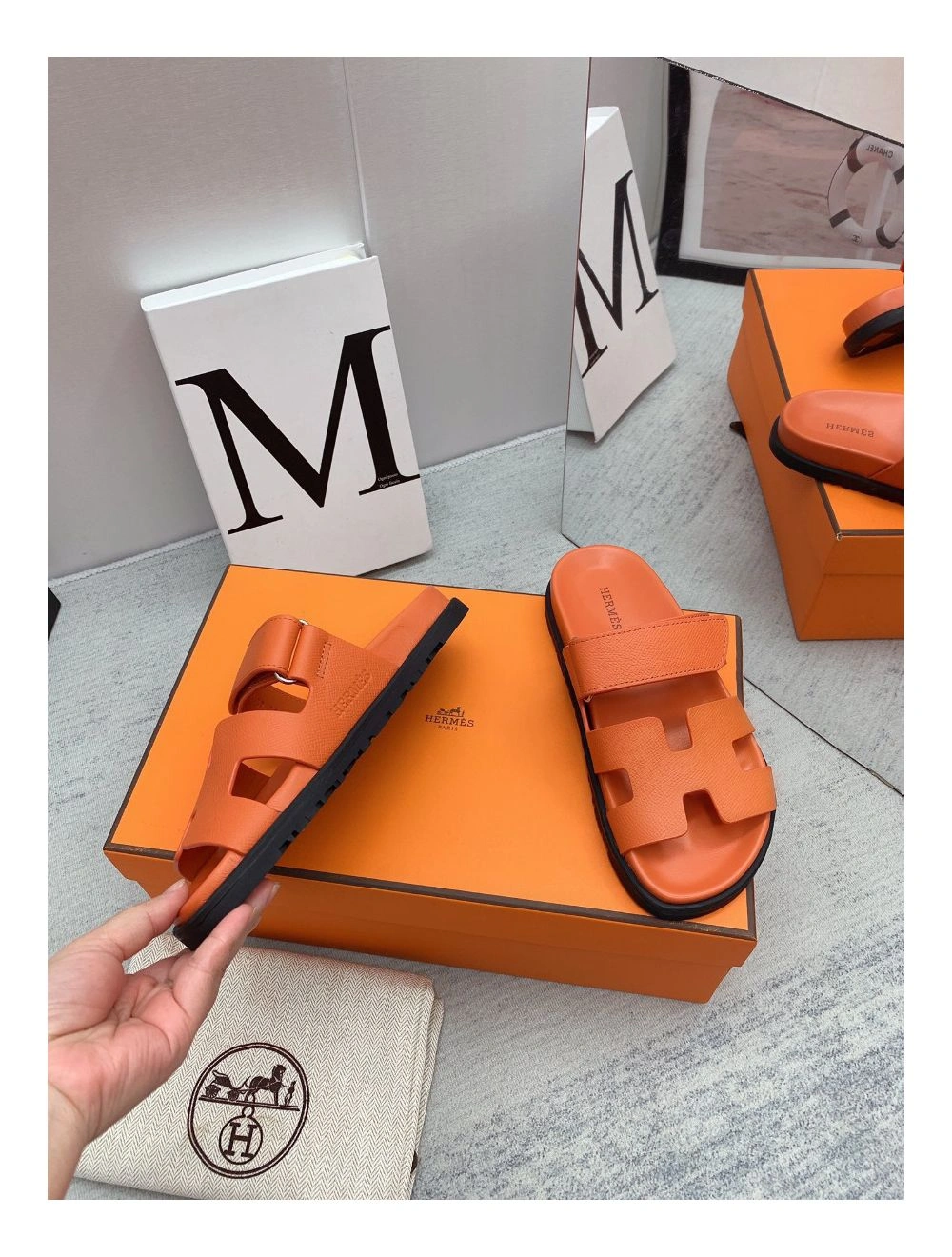 Hermes Men’s Chypre Sandals in Orange Epsom Calfskin