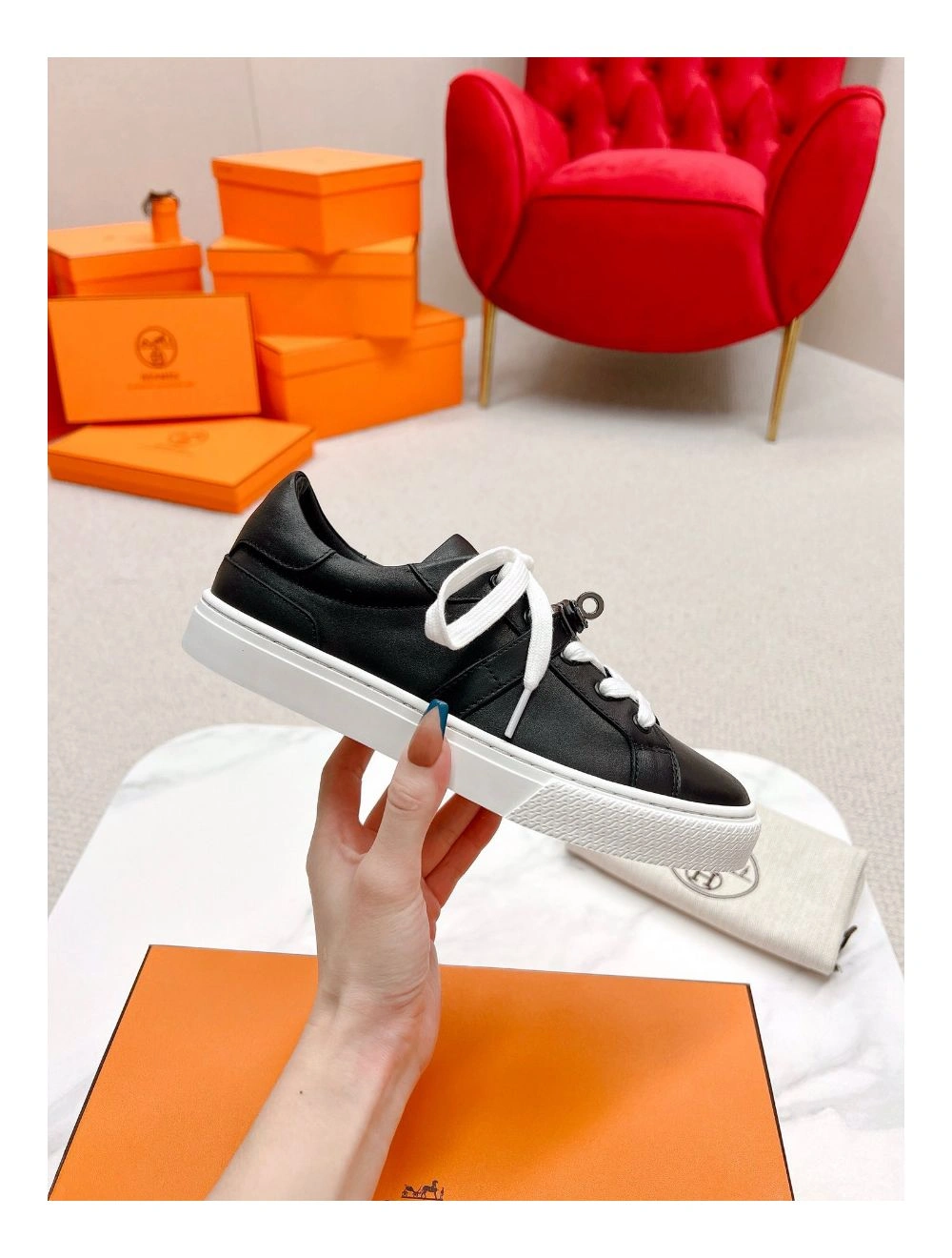 Hermes Men’s Day Sneakers in Black Leather