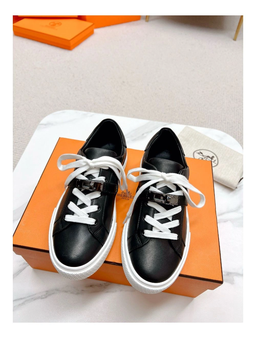 Hermes Men’s Day Sneakers in Black Leather