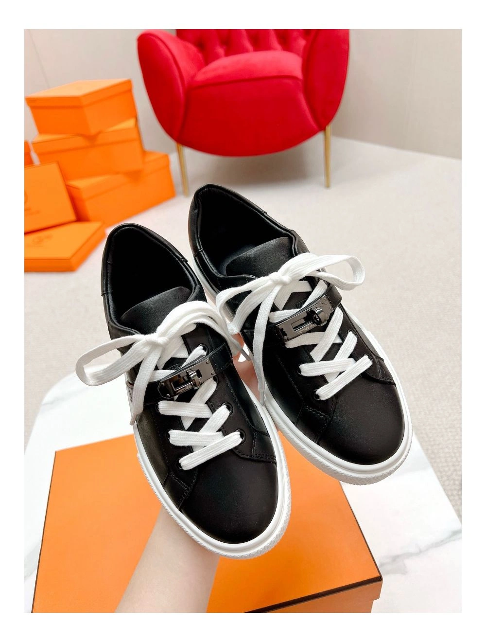 Hermes Men’s Day Sneakers in Black Leather