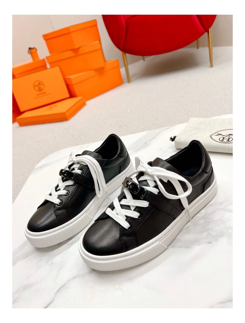 Hermes Men’s Day Sneakers in Black Leather