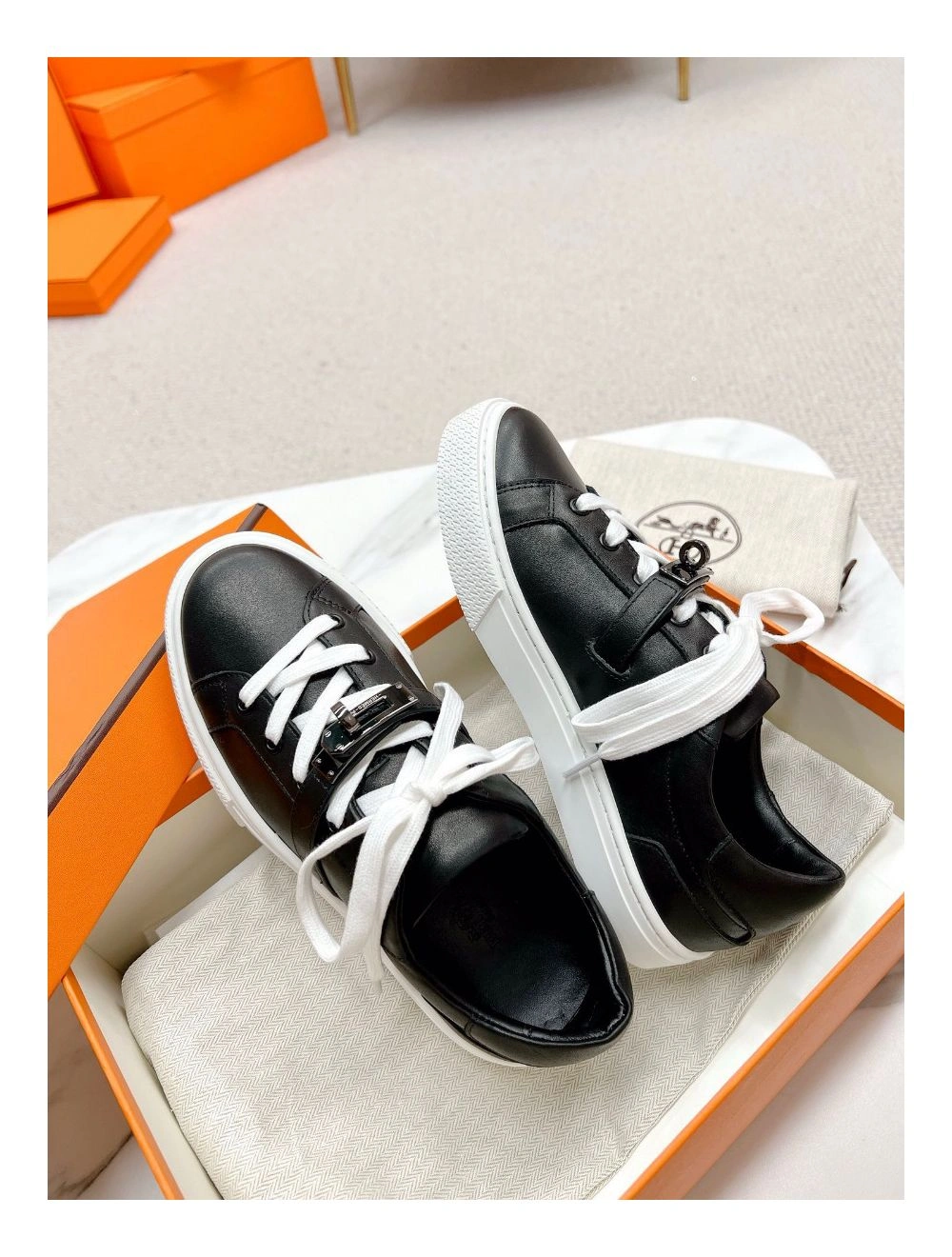 Hermes Men’s Day Sneakers in Black Leather