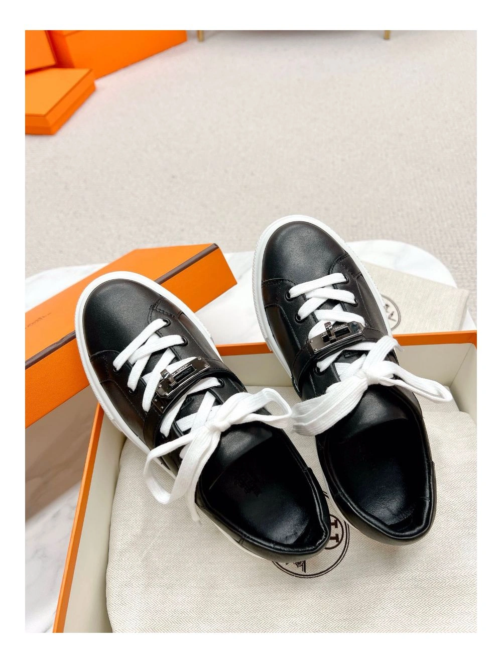 Hermes Men’s Day Sneakers in Black Leather