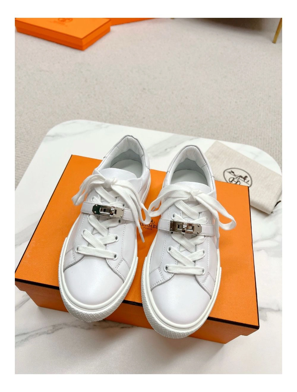 Hermes Men’s Day Sneakers in White Leather