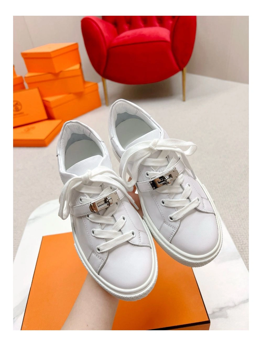 Hermes Men’s Day Sneakers in White Leather