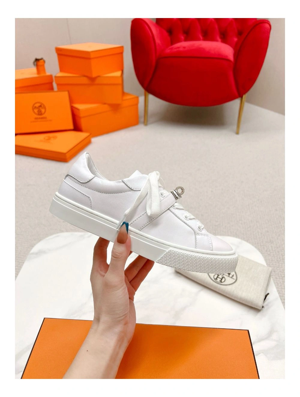 Hermes Men’s Day Sneakers in White Leather