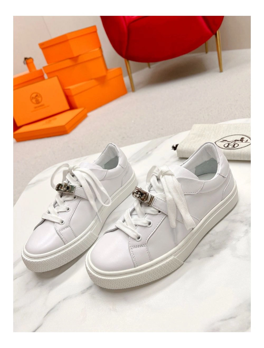 Hermes Men’s Day Sneakers in White Leather