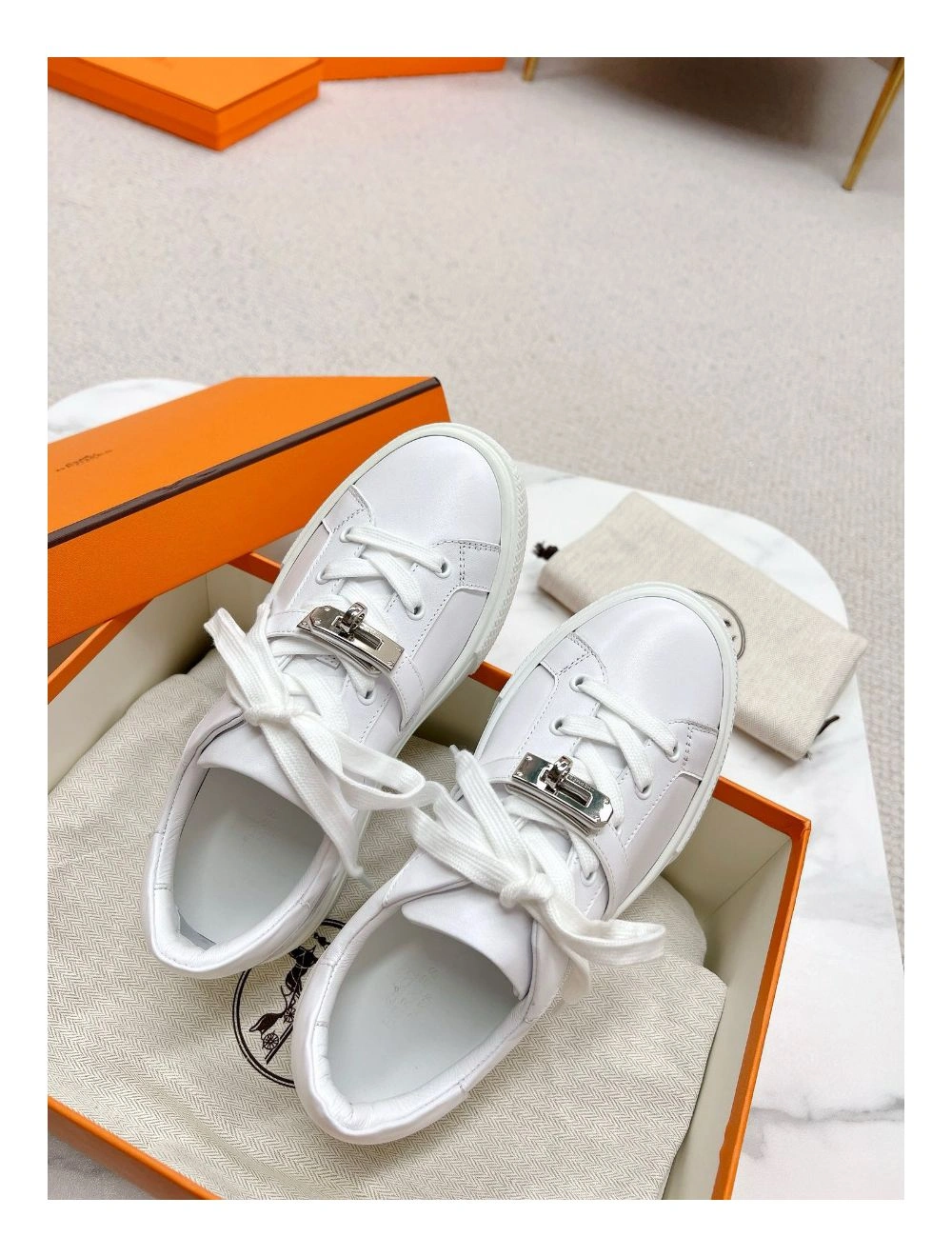 Hermes Men’s Day Sneakers in White Leather