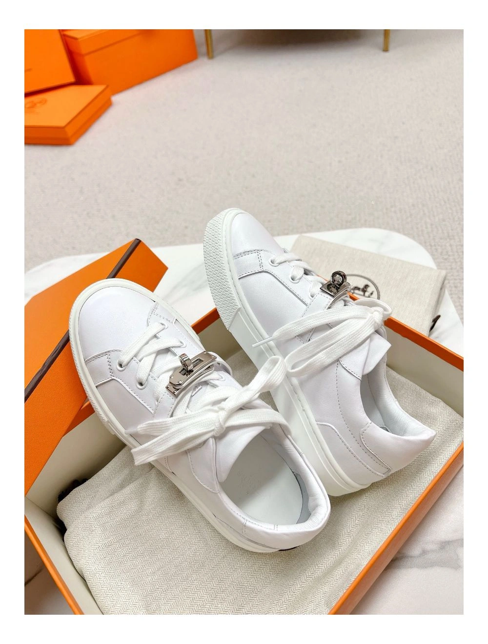 Hermes Men’s Day Sneakers in White Leather