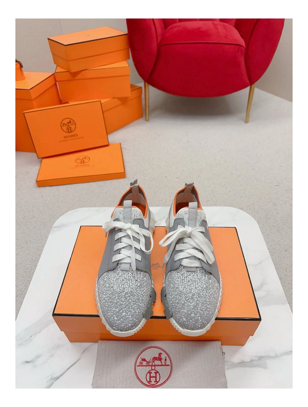 Hermes Men’s Depart Sneakers in Grey Gradient Knit