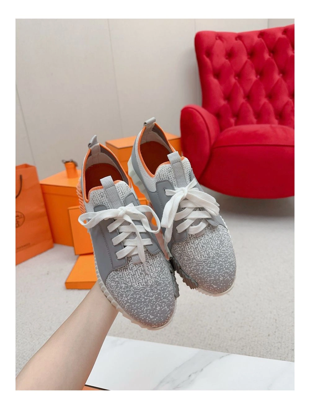 Hermes Men’s Depart Sneakers in Grey Gradient Knit