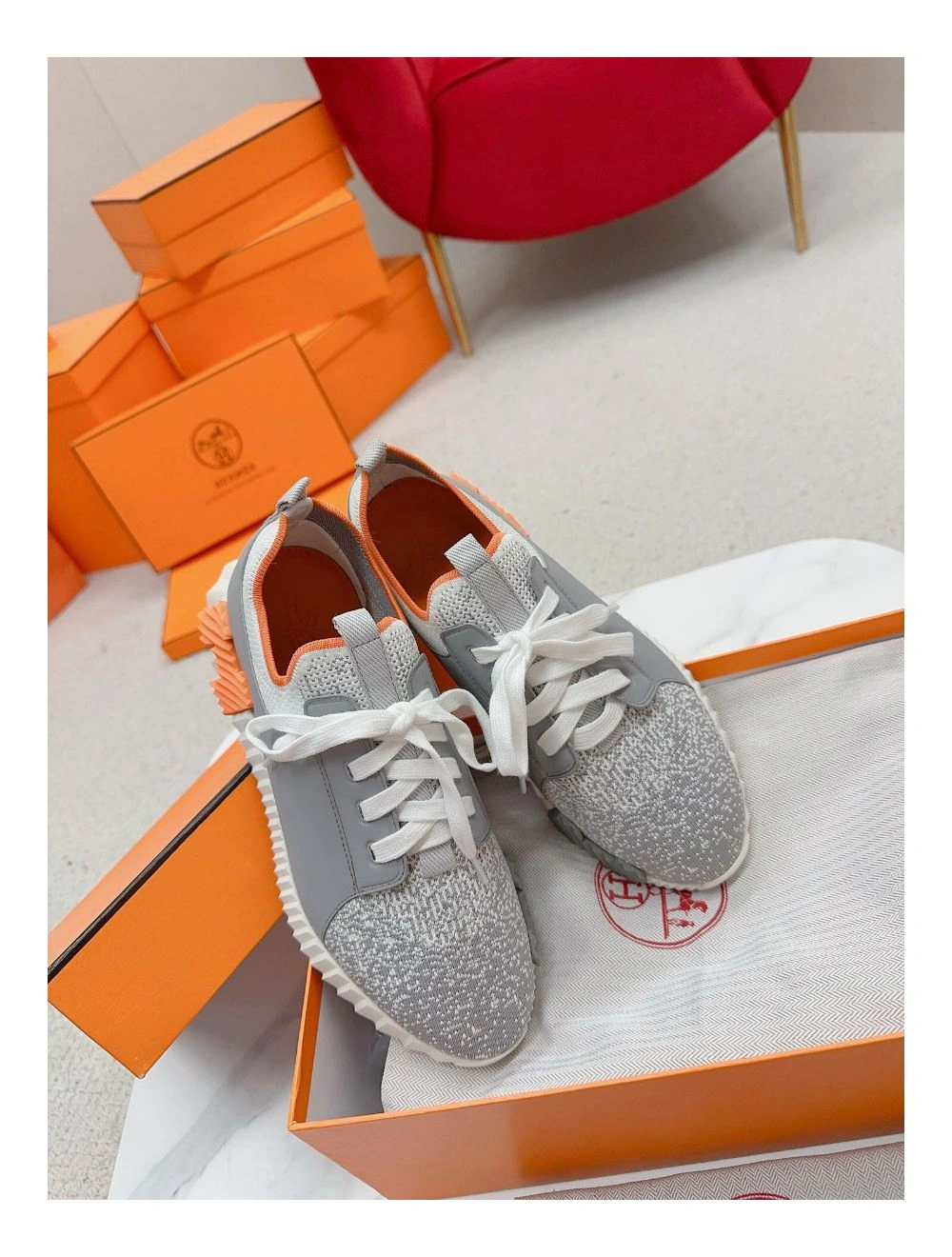 Hermes Men’s Depart Sneakers in Grey Gradient Knit