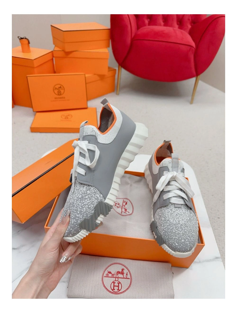 Hermes Men’s Depart Sneakers in Grey Gradient Knit