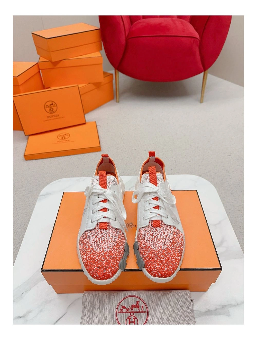 Hermes Men’s Depart Sneakers in Orange Gradient Knit