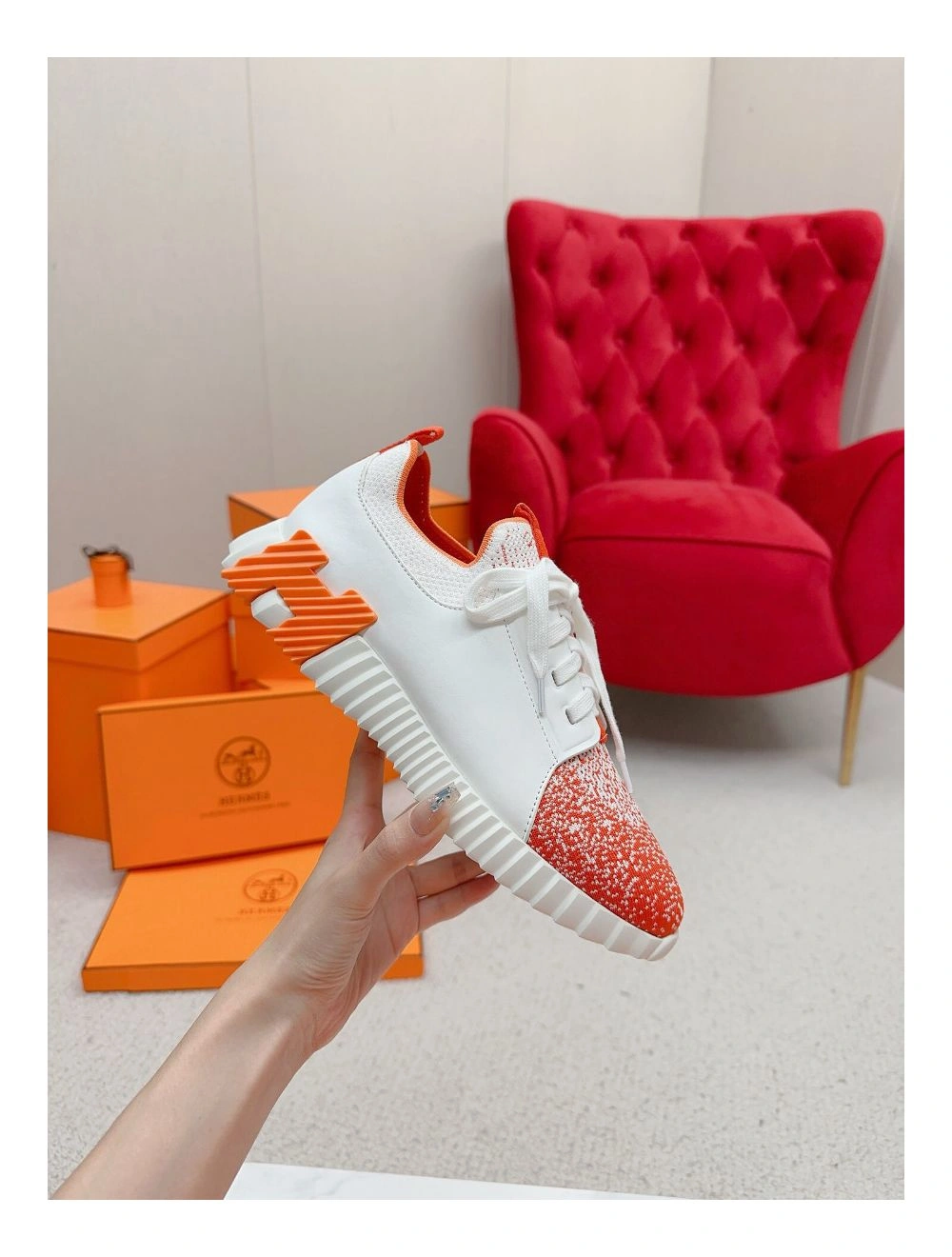 Hermes Men’s Depart Sneakers in Orange Gradient Knit