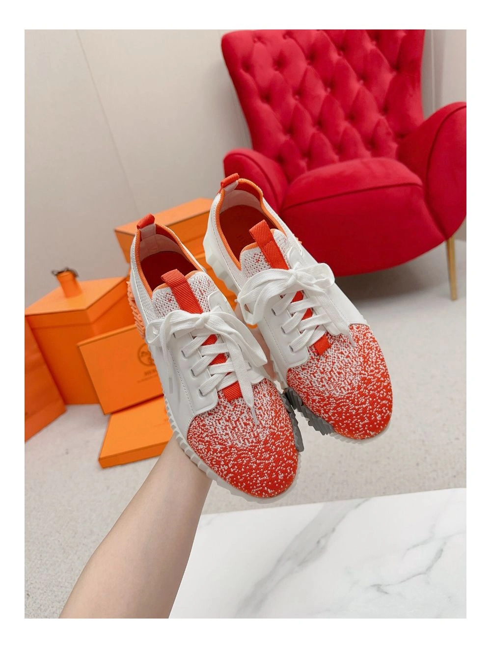 Hermes Men’s Depart Sneakers in Orange Gradient Knit