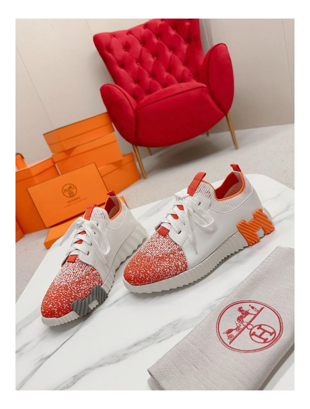 Hermes Men’s Depart Sneakers in Orange Gradient Knit