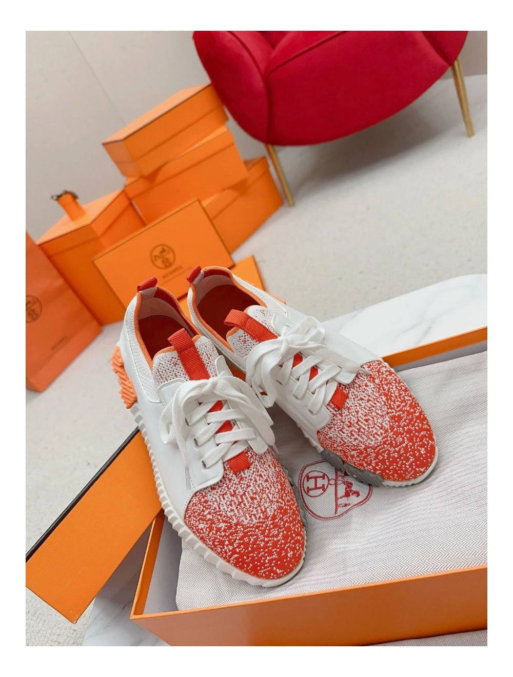 Hermes Men’s Depart Sneakers in Orange Gradient Knit