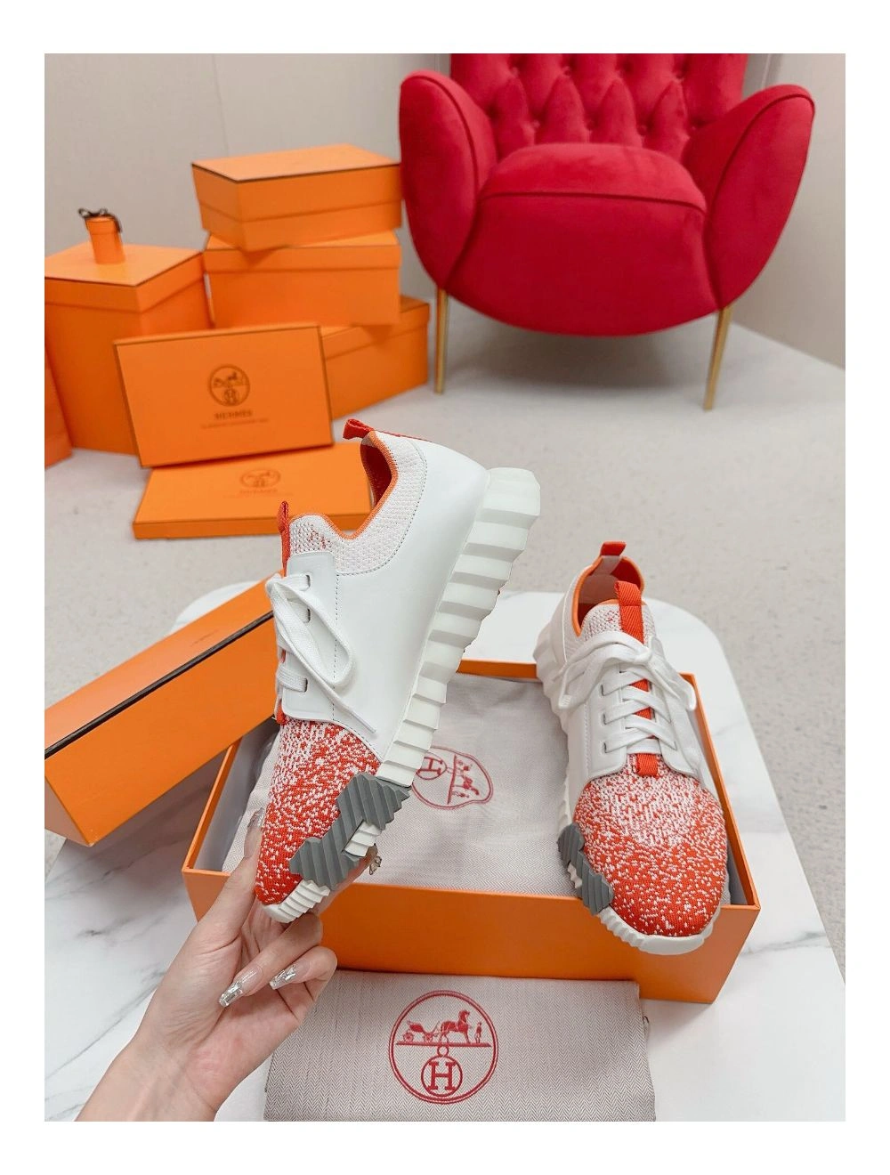 Hermes Men’s Depart Sneakers in Orange Gradient Knit