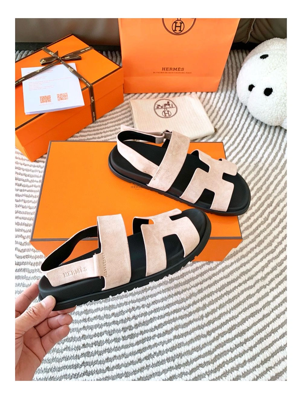 Hermes Men’s Genius Sandals In Beige Suede Calfskin