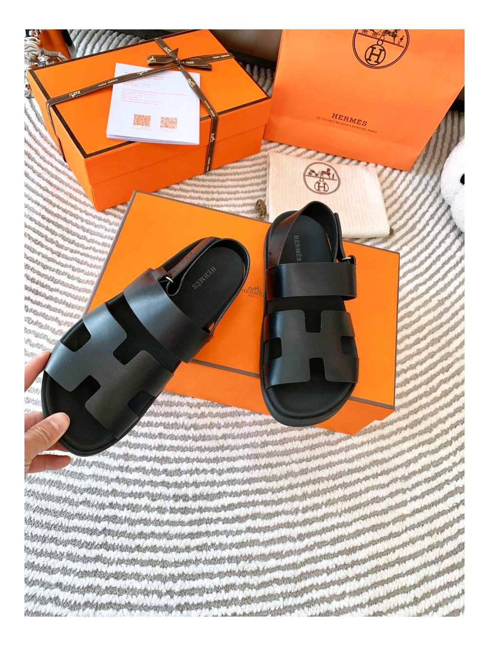 Hermes Men’s Genius Sandals In Black Calfskin