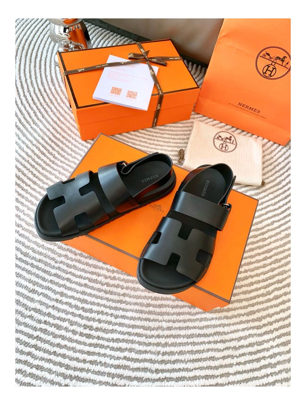 Hermes Men’s Genius Sandals In Black Calfskin