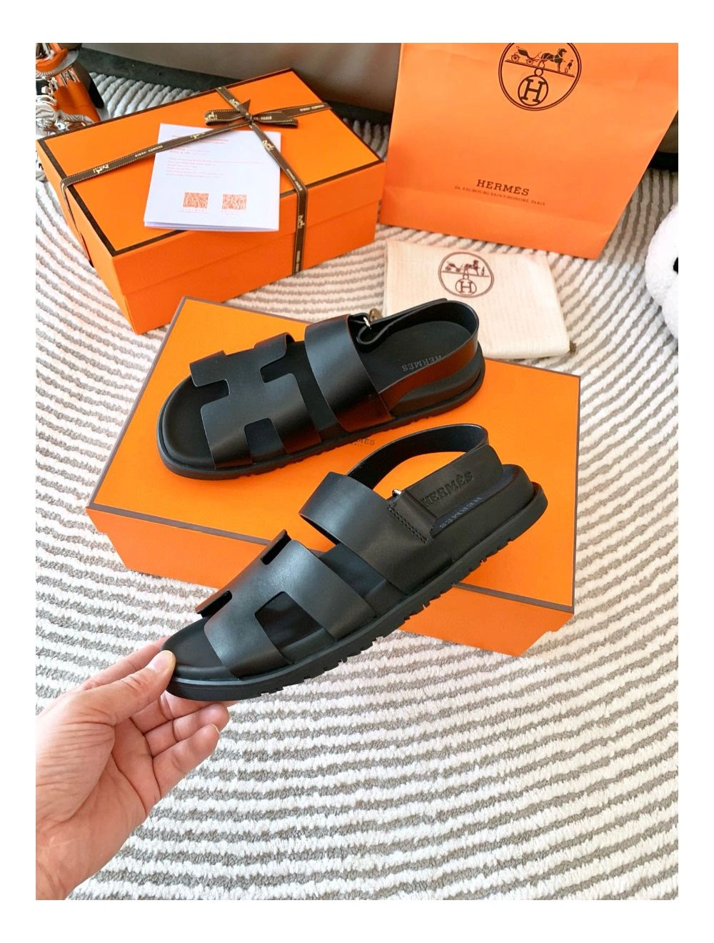 Hermes Men’s Genius Sandals In Black Calfskin