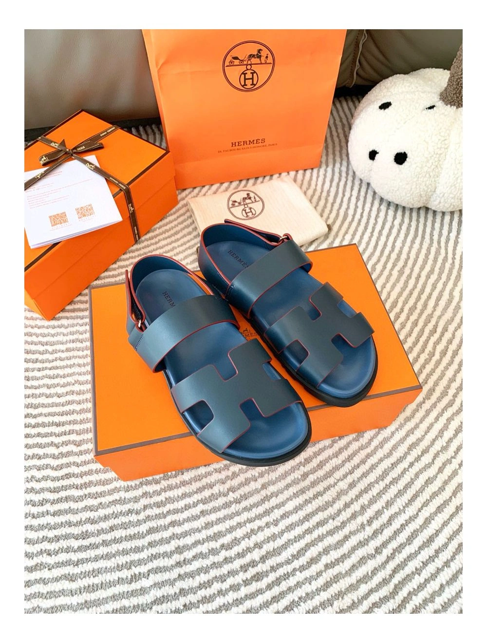 Hermes Men’s Genius Sandals In Blue Calfskin