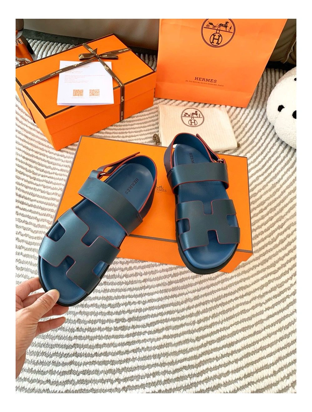 Hermes Men’s Genius Sandals In Blue Calfskin