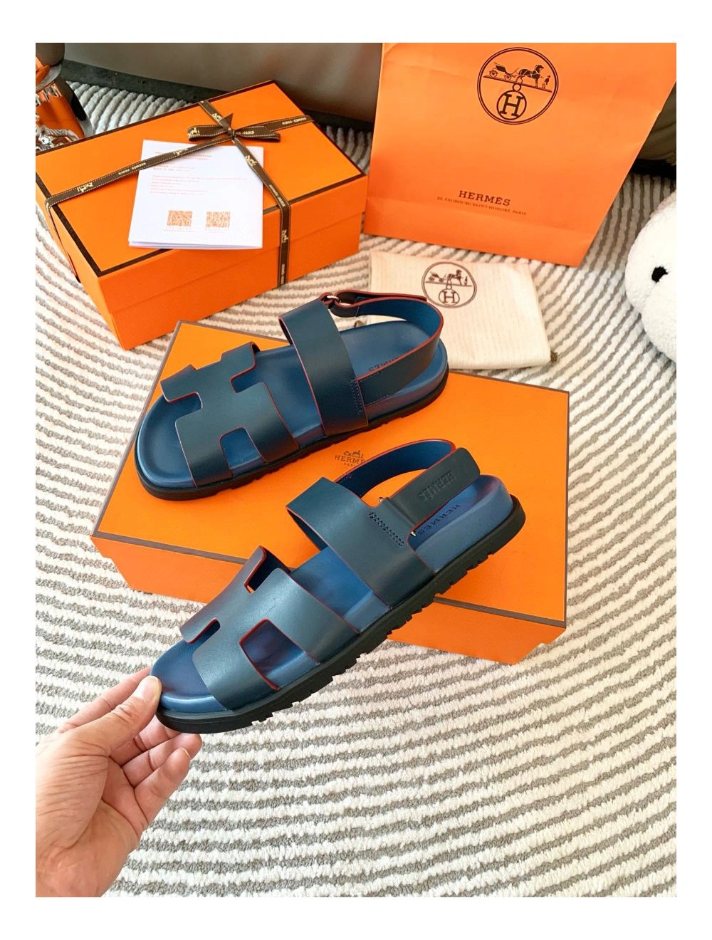Hermes Men’s Genius Sandals In Blue Calfskin