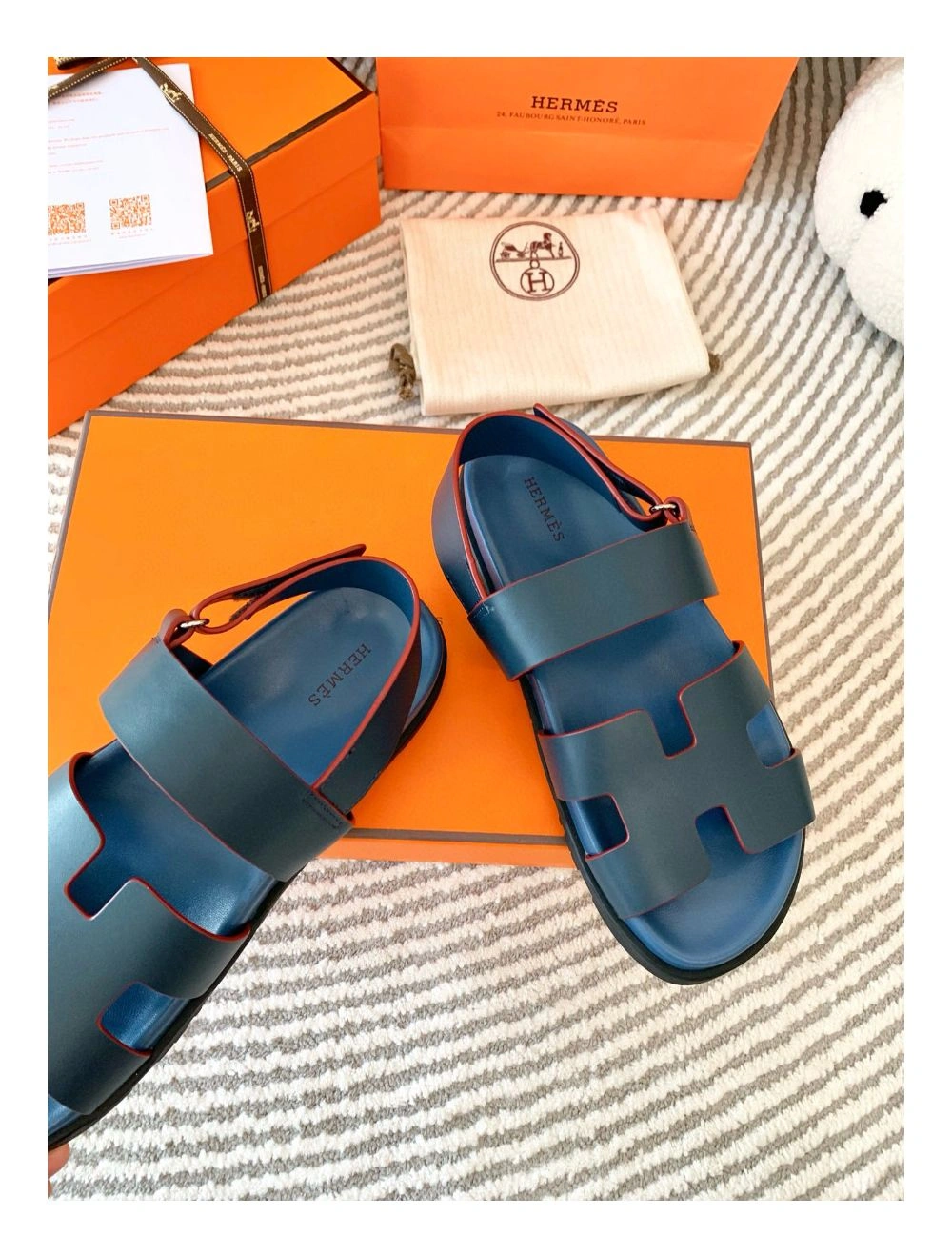 Hermes Men’s Genius Sandals In Blue Calfskin