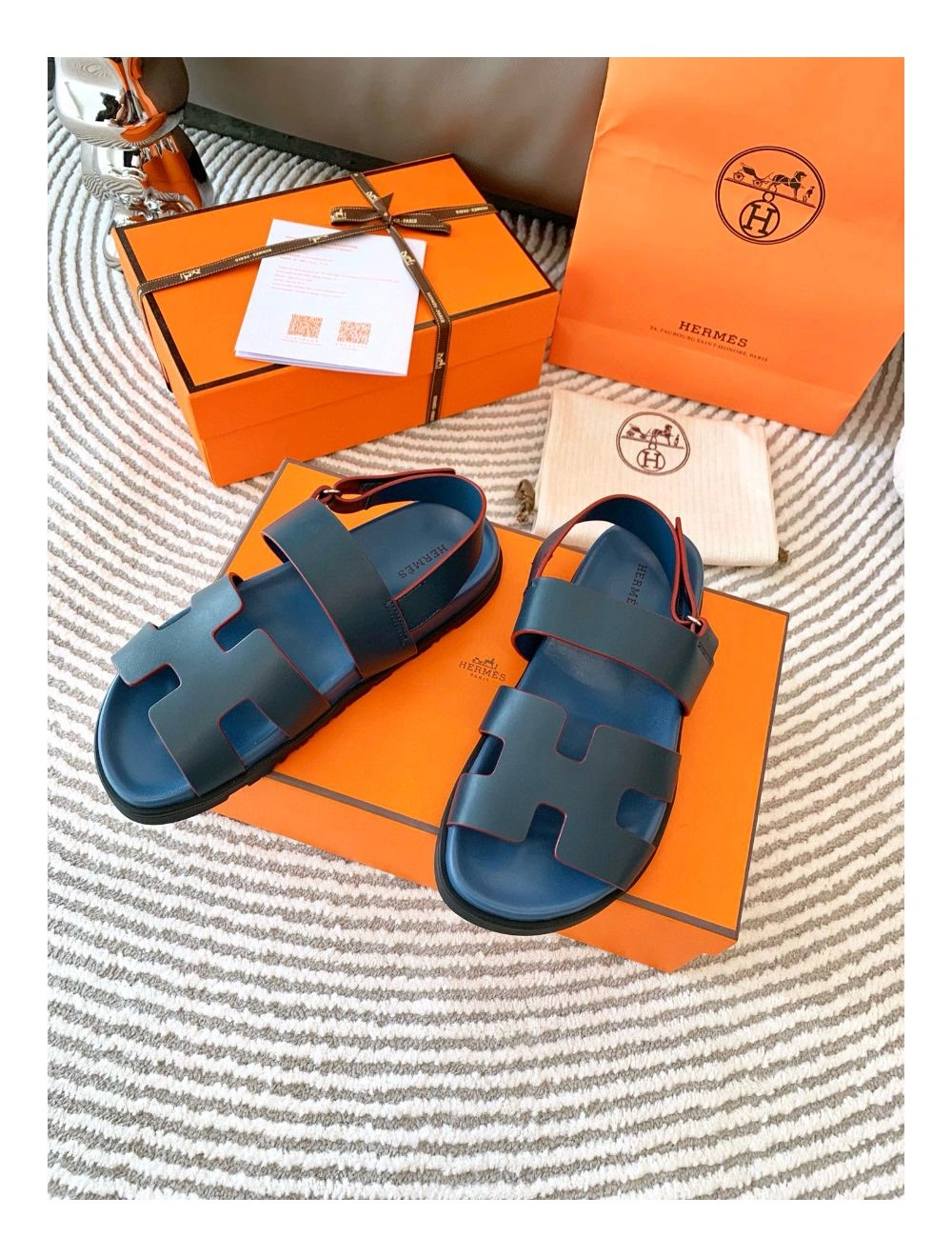 Hermes Men’s Genius Sandals In Blue Calfskin