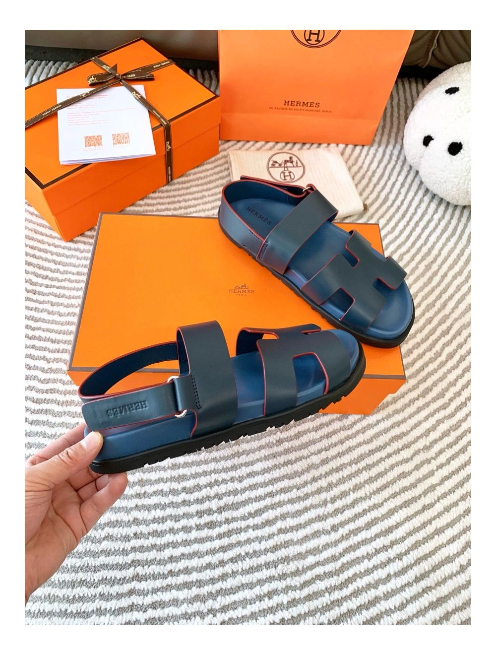 Hermes Men’s Genius Sandals In Blue Calfskin