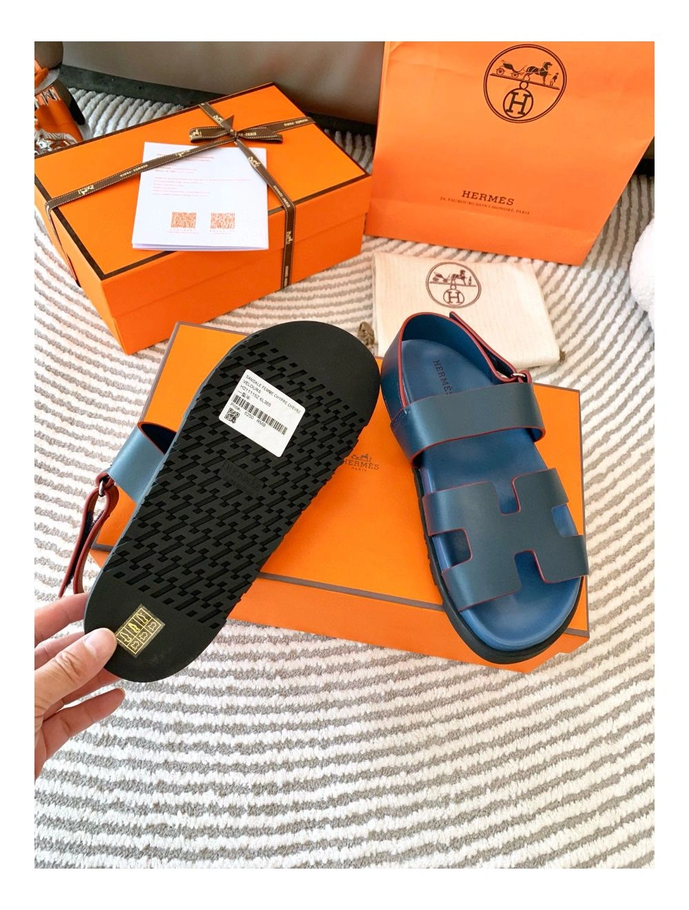 Hermes Men’s Genius Sandals In Blue Calfskin